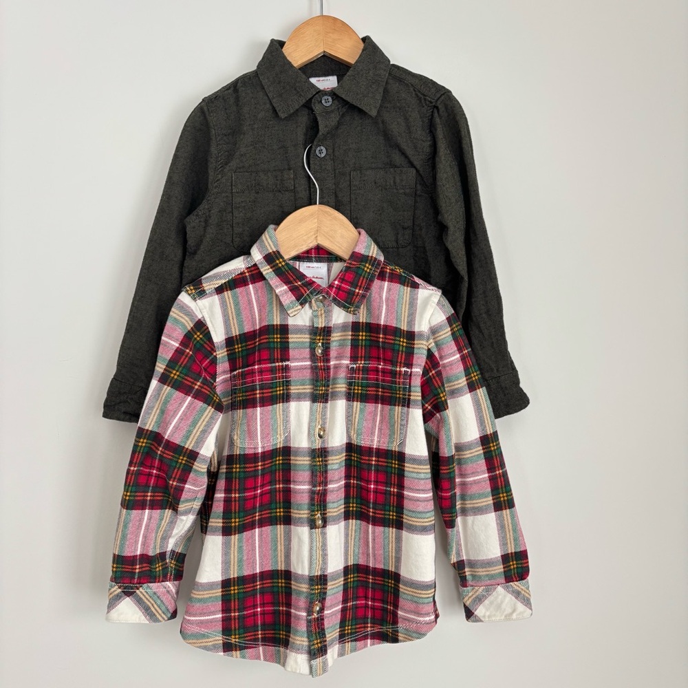 Hanna Andersson Long Sleeve Button Down Shirts Plaid Green Set of Two US 4